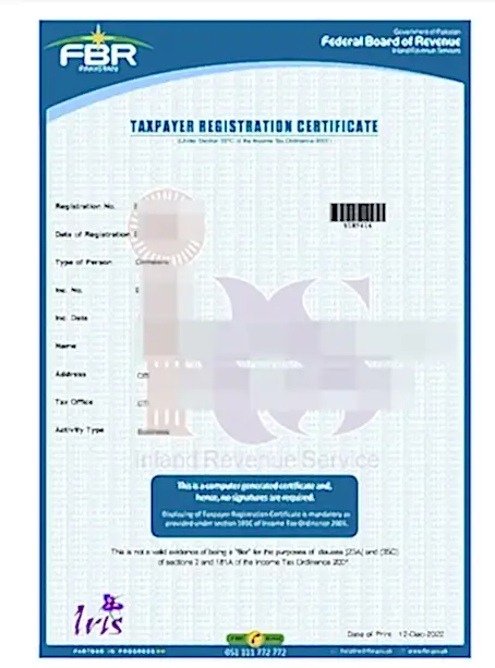 Taxpayer Registration CertificateAn official document is issued by tax authorities to individuals and businesses called as National Tax Number or ntn Certificate upon successful  registration for tax purposes.
